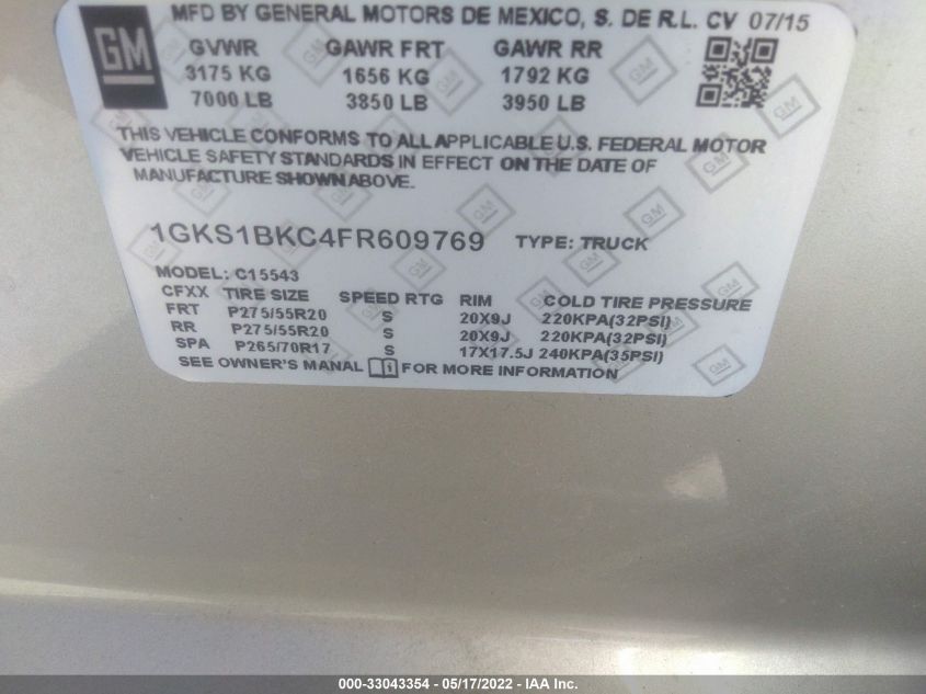 2015 GMC YUKON SLT 1GKS1BKC4FR609769