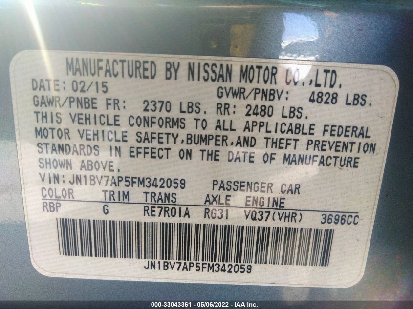 2015 INFINITI Q50 JN1BV7AP5FM342059