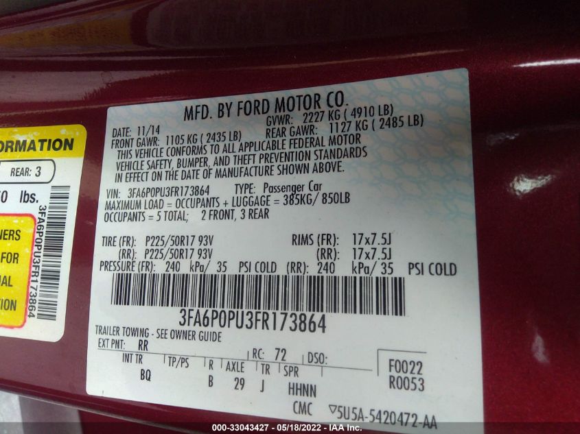 2015 FORD FUSION ENERGI SE LUXURY 3FA6P0PU3FR173864