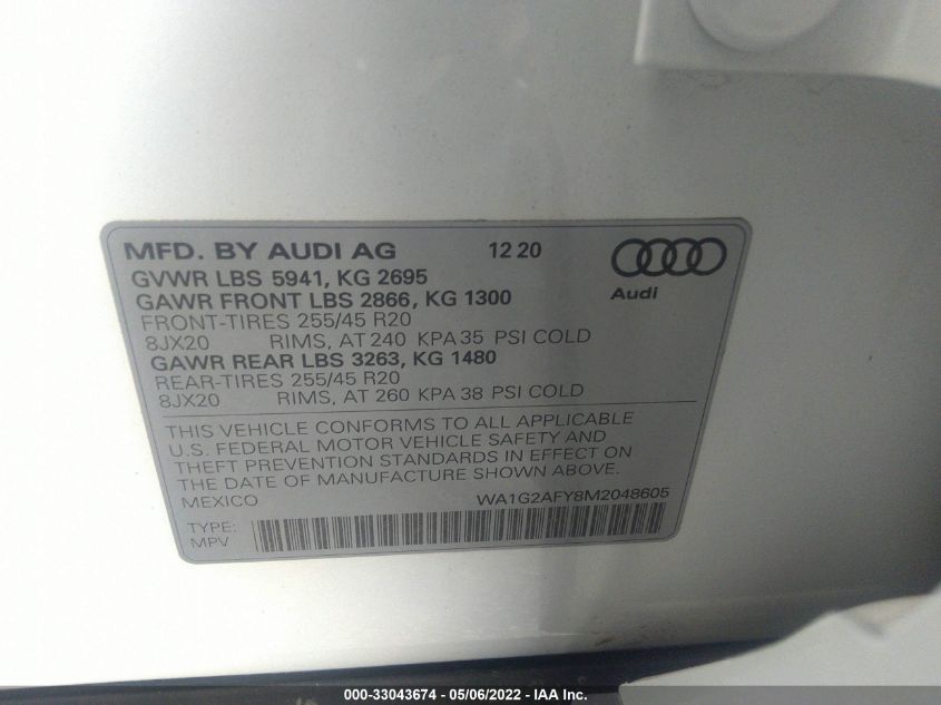 2021 AUDI Q5 PREMIUM WA1G2AFY8M2048605