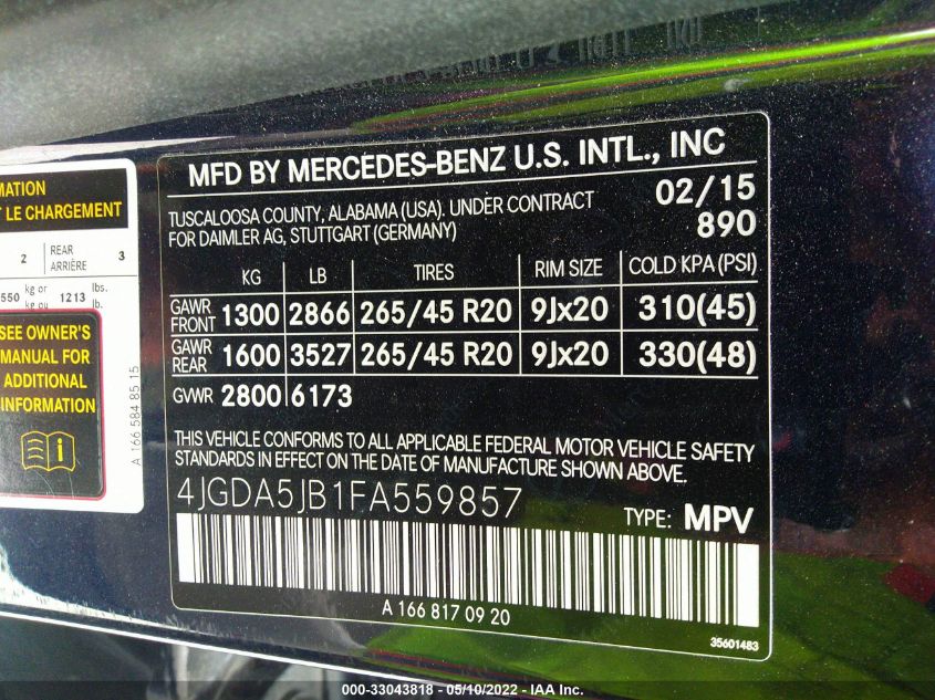 2015 MERCEDES-BENZ M-CLASS ML 350 4JGDA5JB1FA559857