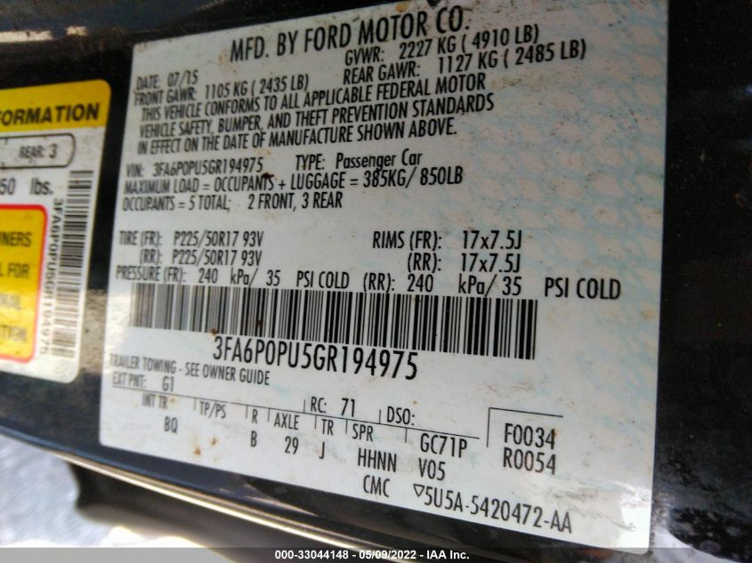 2016 FORD FUSION ENERGI SE PHEV 3FA6P0PU5GR194975