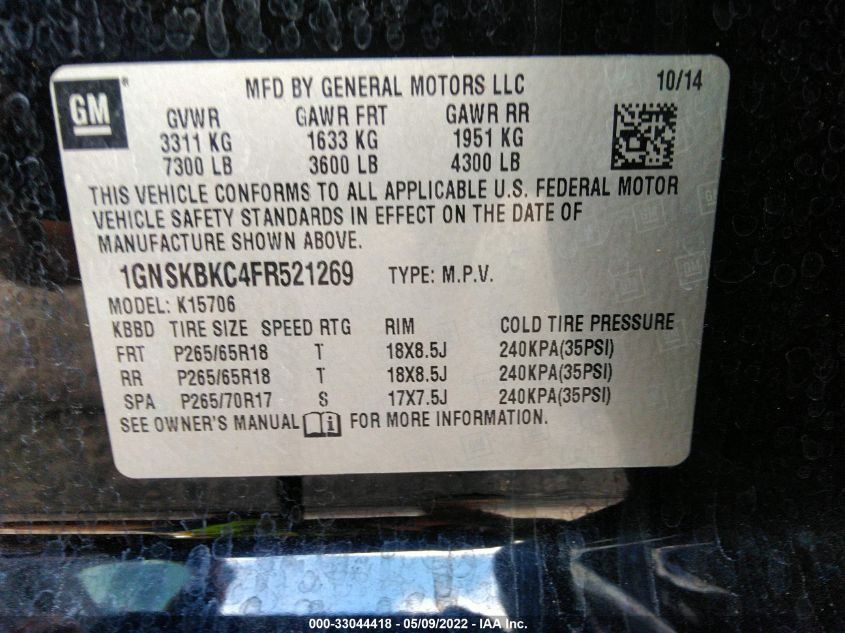 2015 CHEVROLET TAHOE LT 1GNSKBKC4FR521269