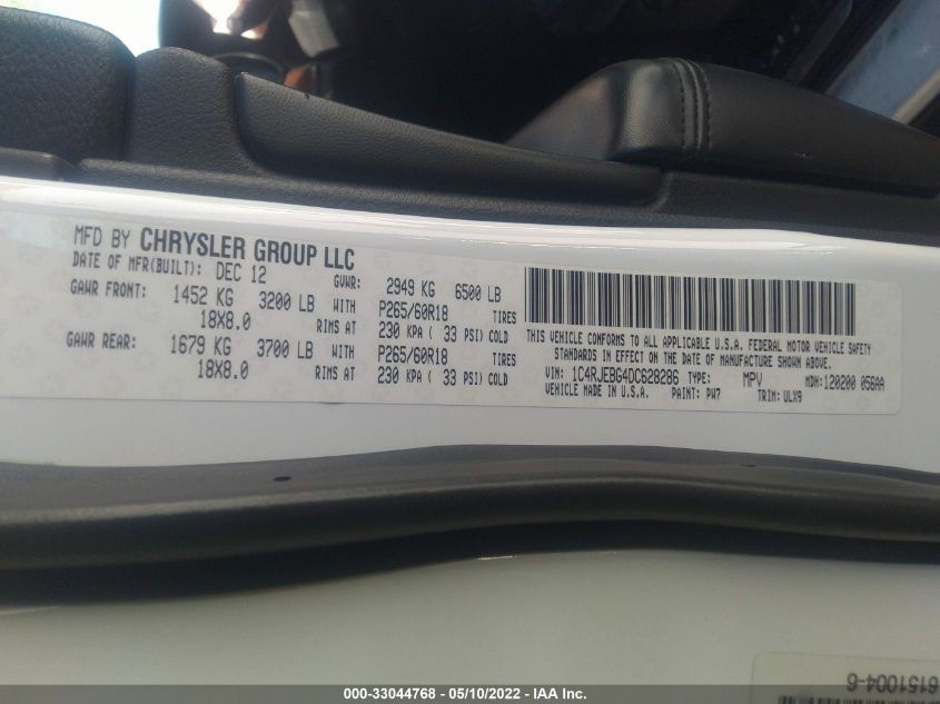 2013 JEEP GRAND CHEROKEE LIMITED 1C4RJEBG4DC628286