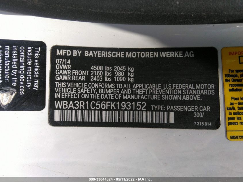 2015 BMW 4 SERIES 435I WBA3R1C56FK193152