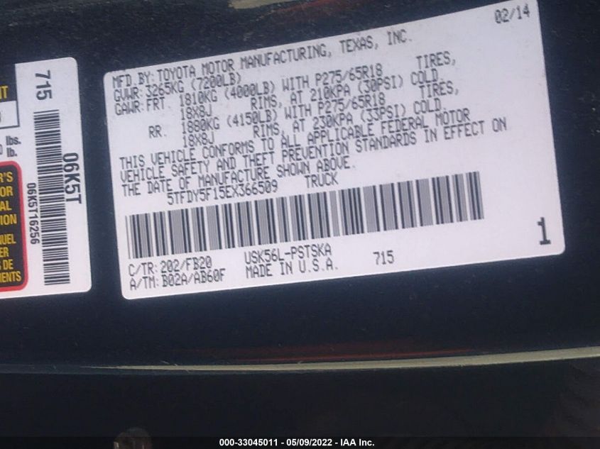 2014 TOYOTA TUNDRA 4WD TRUCK SR5 5TFDY5F15EX366509