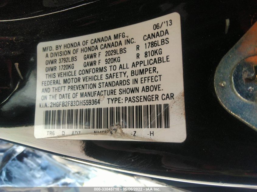 2013 HONDA CIVIC SDN EX 2HGFB2F83DH559364