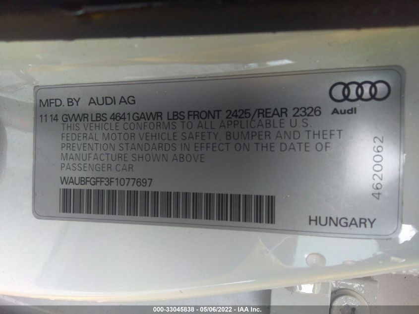 2015 AUDI S3/A3 2.0T PREMIUM PLUS WAUBFGFF3F1077697