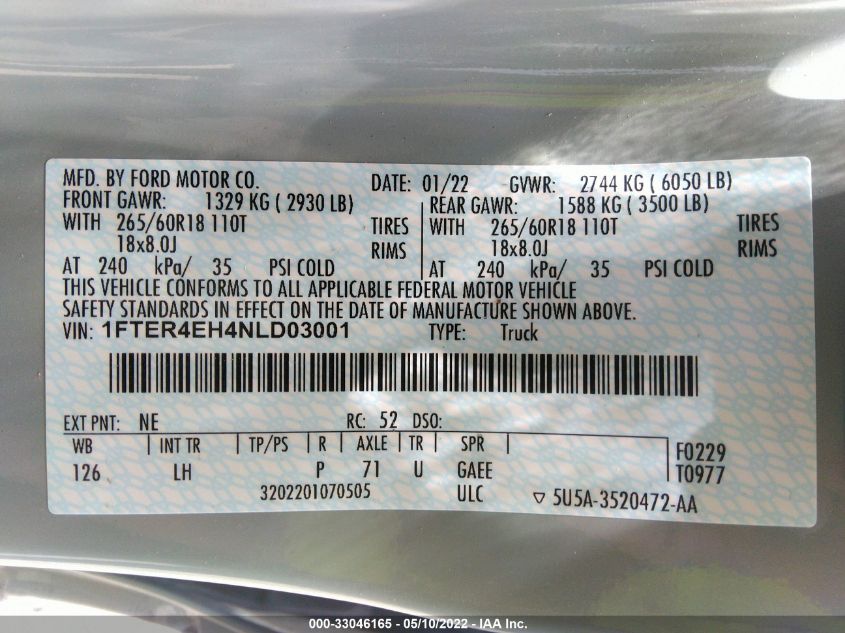 2022 FORD RANGER XL/XLT/LARIAT 1FTER4EH4NLD03001