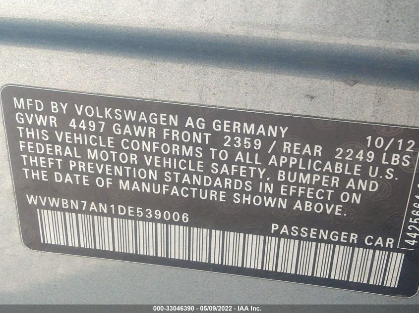 2013 VOLKSWAGEN CC SPORT PLUS WVWBN7AN1DE539006