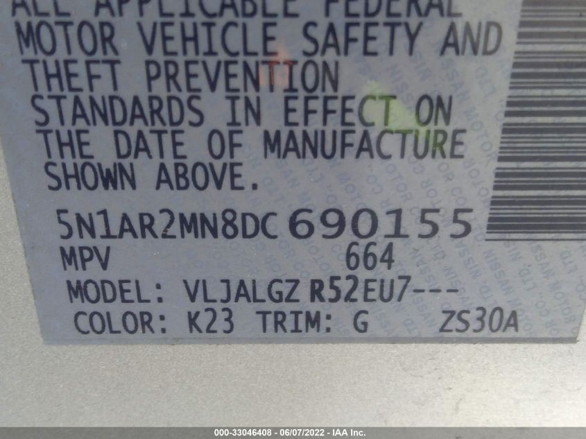 2013 NISSAN PATHFINDER SL 5N1AR2MN8DC690155