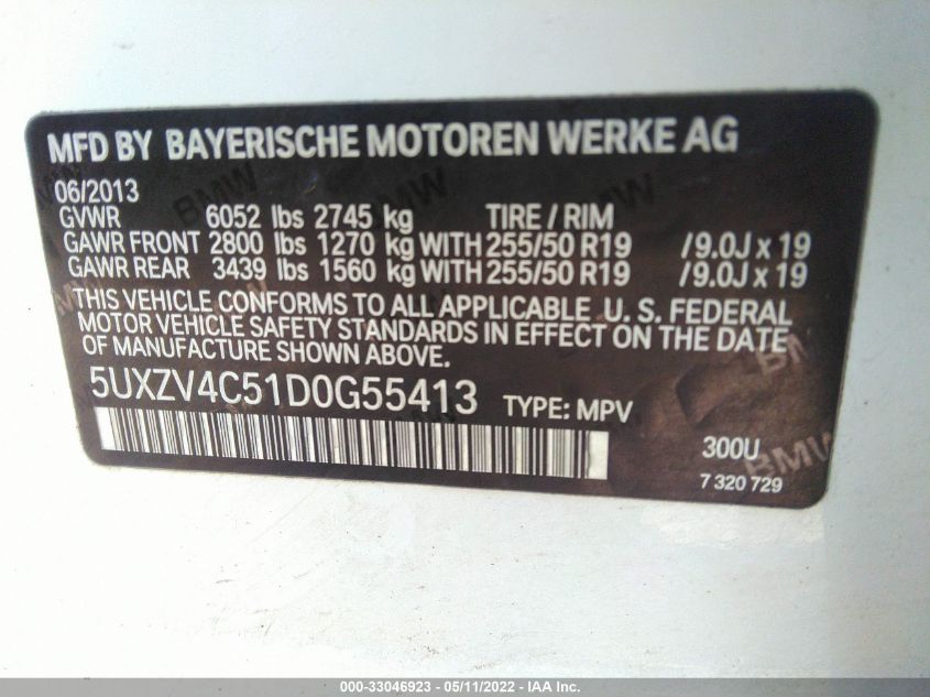 2013 BMW X5 XDRIVE35I 5UXZV4C51D0G55413