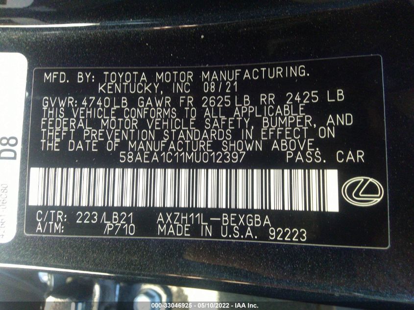 2021 LEXUS ES ES 300H LUXURY 58AEA1C11MU012397
