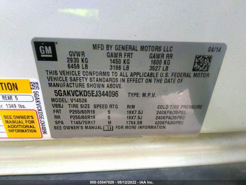 2014 BUICK ENCLAVE PREMIUM 5GAKVCKD5EJ344096