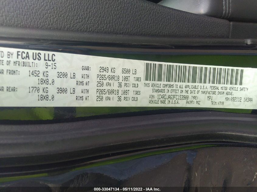 2015 DODGE DURANGO SXT 1C4RDJAG3FC153900