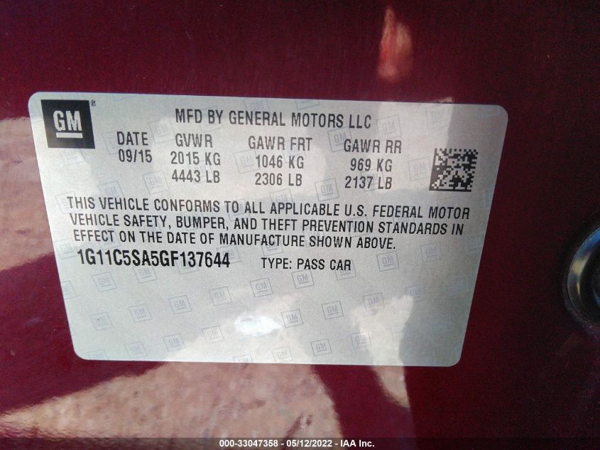 2016 CHEVROLET MALIBU LIMITED LT 1G11C5SA5GF137644
