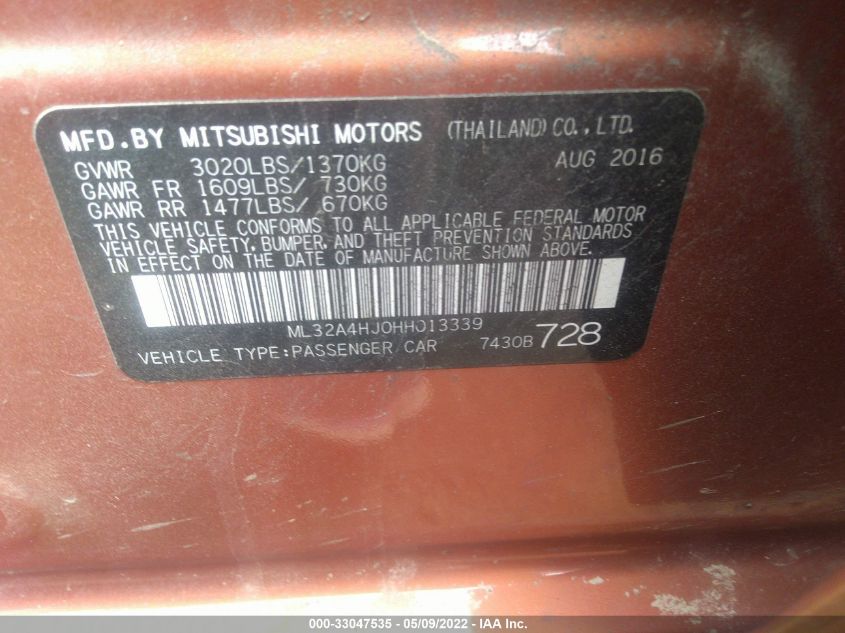 2017 MITSUBISHI MIRAGE SE ML32A4HJ0HH013339