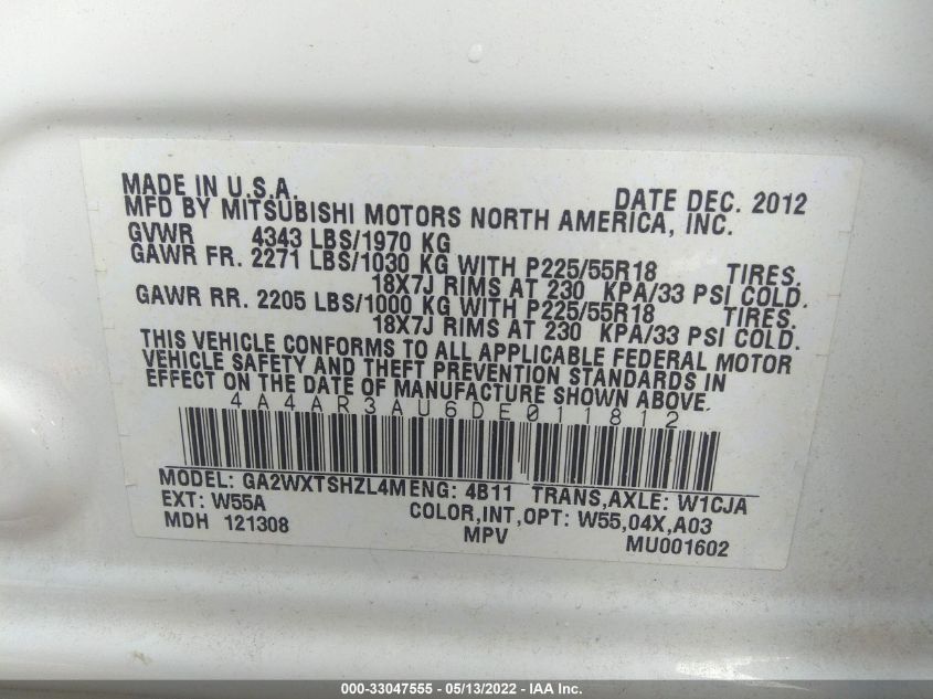 2013 MITSUBISHI OUTLANDER SPORT ES 4A4AR3AU6DE011812