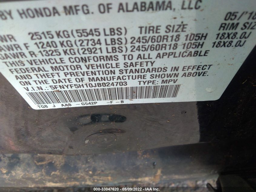 2018 HONDA PILOT LX 5FNYF5H10JB024703