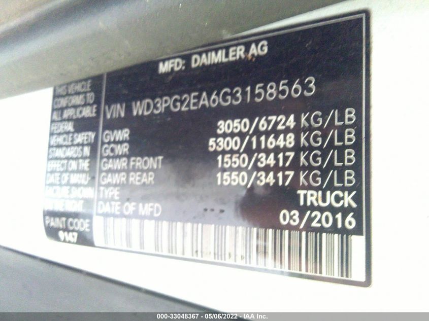 2016 MERCEDES-BENZ METRIS CARGO VAN WD3PG2EA6G3158563