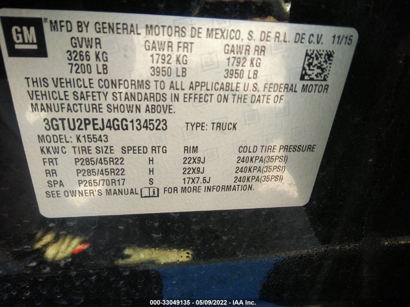 2016 GMC SIERRA 1500 DENALI 3GTU2PEJ4GG134523