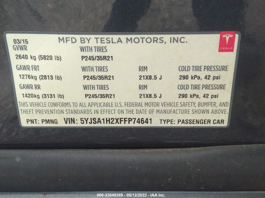 2015 TESLA MODEL S 85D 5YJSA1H2XFFP74641