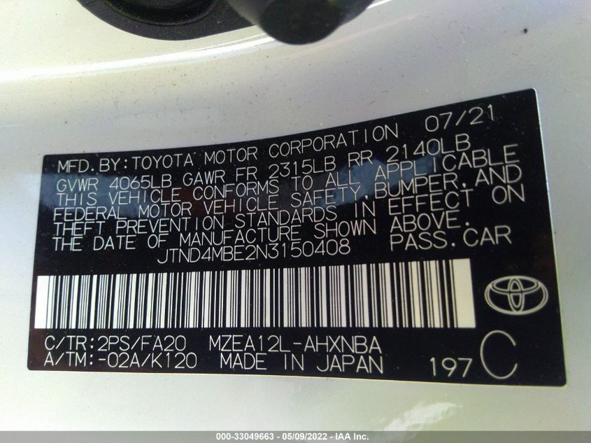 2022 TOYOTA COROLLA HATCHBACK SE/NIGHTSHADE/XSE JTND4MBE2N3150408