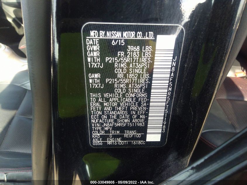 2015 NISSAN JUKE SL JN8AF5MR5FT511983