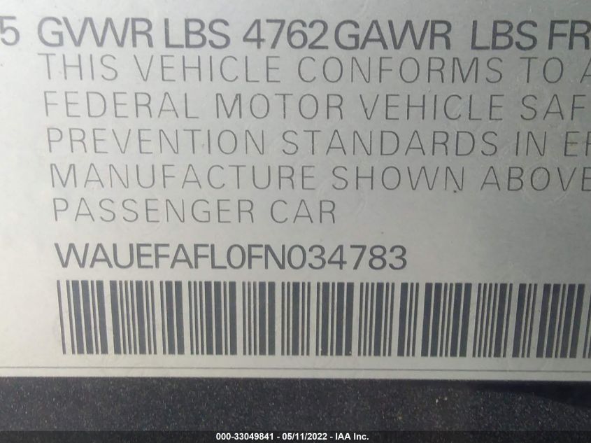 2015 AUDI A4 PREMIUM PLUS WAUEFAFL0FN034783