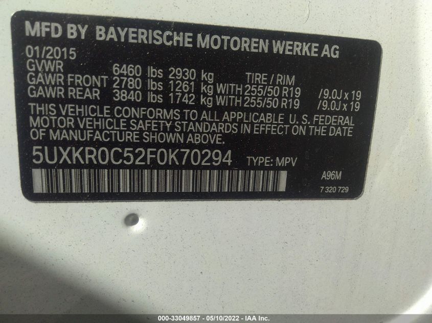 2015 BMW X5 XDRIVE35I 5UXKR0C52F0K70294