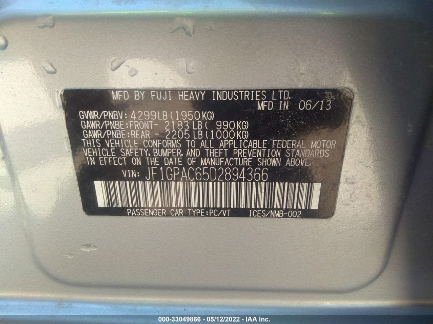 2013 SUBARU IMPREZA WAGON 2.0I PREMIUM JF1GPAC65D2894366
