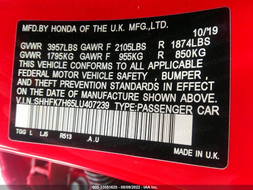 2020 HONDA CIVIC HATCHBACK EX SHHFK7H65LU407239
