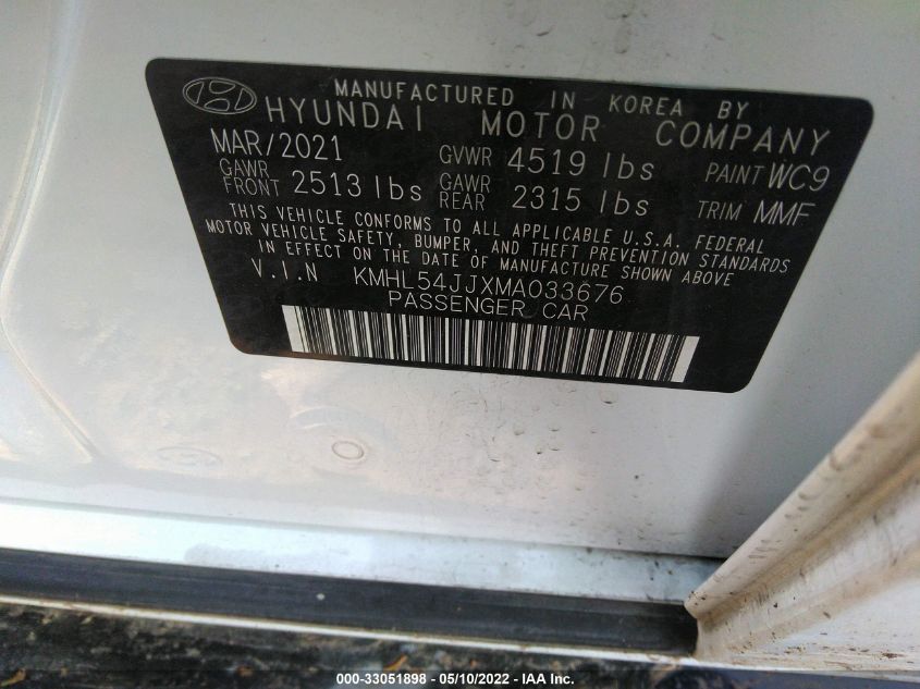 2021 HYUNDAI SONATA HYBRID LIMITED KMHL54JJXMA033676