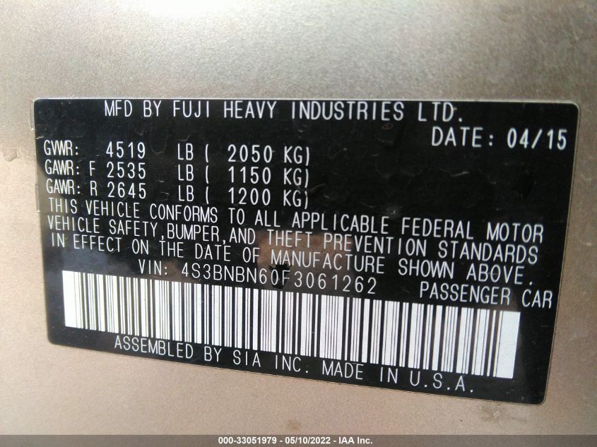 2015 SUBARU LEGACY 2.5I LIMITED 4S3BNBN60F3061262