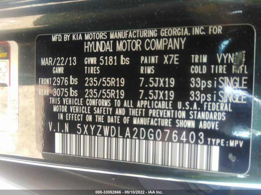 2013 HYUNDAI SANTA FE 2.0T SPORT 5XYZWDLA2DG076403