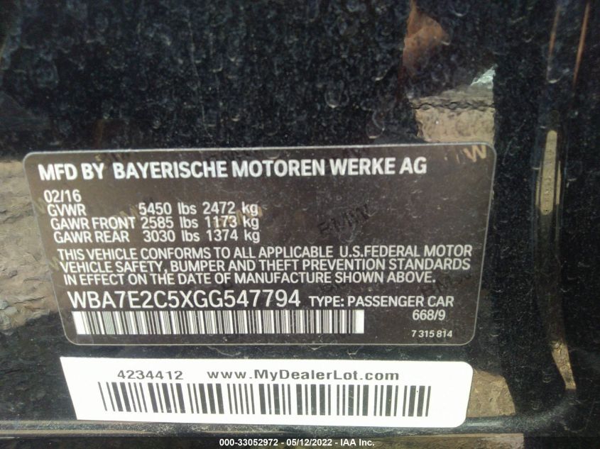 2016 BMW 7 SERIES 740I WBA7E2C5XGG547794