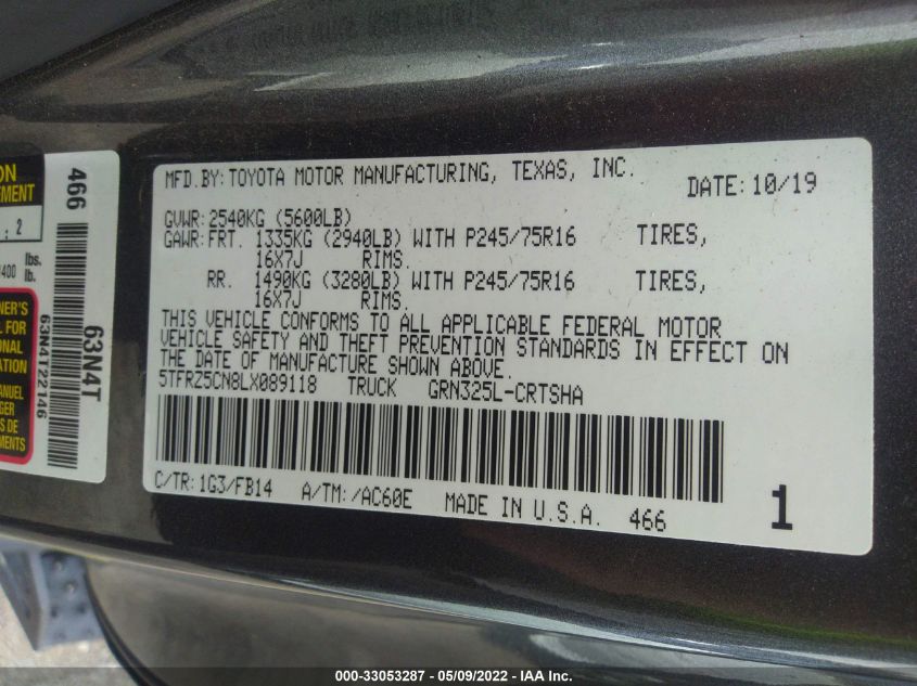 2020 TOYOTA TACOMA 2WD SR/SR5/TRD SPORT 5TFRZ5CN8LX089118