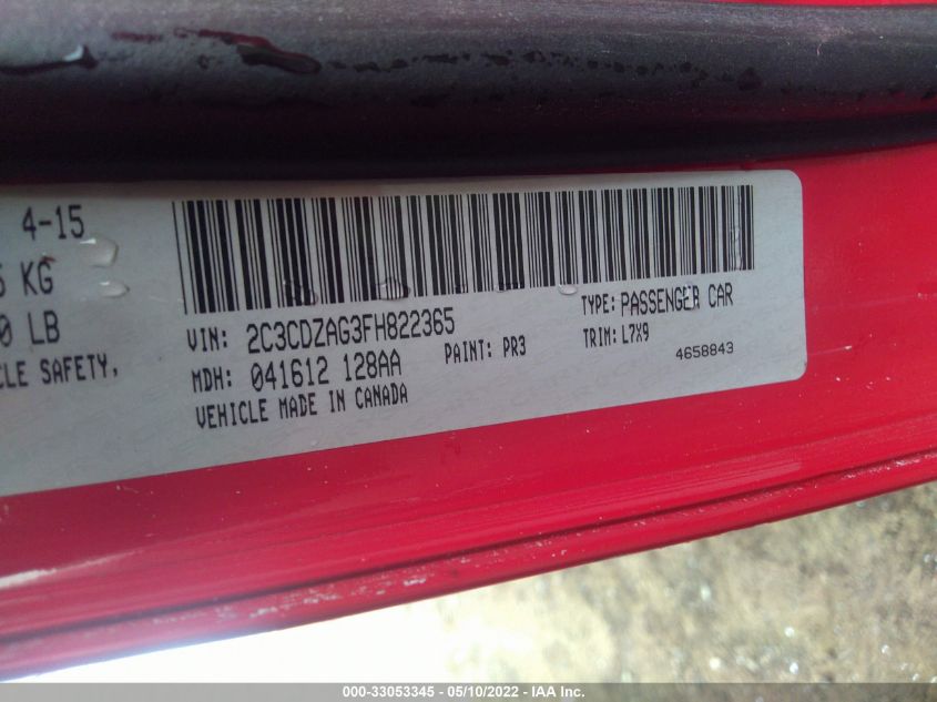 2015 DODGE CHALLENGER SXT 2C3CDZAG3FH822365