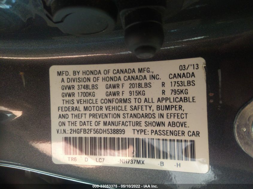 2013 HONDA CIVIC SDN LX 2HGFB2F56DH538899