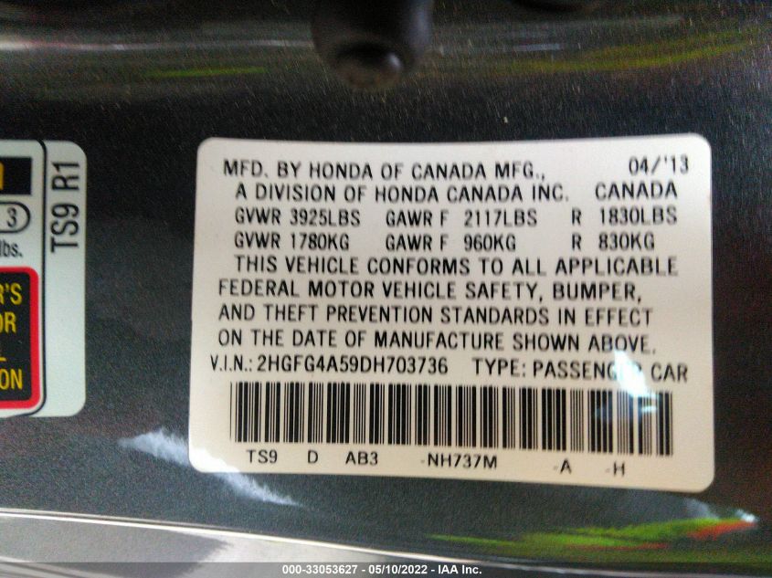 2013 HONDA CIVIC CPE SI 2HGFG4A59DH703736