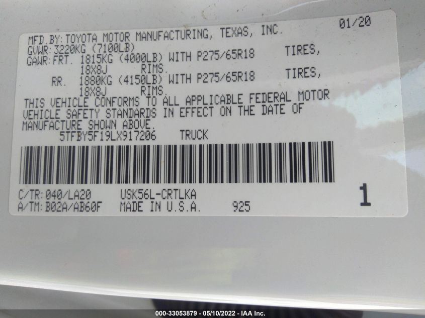 2020 TOYOTA TUNDRA 4WD LIMITED 5TFBY5F19LX917206