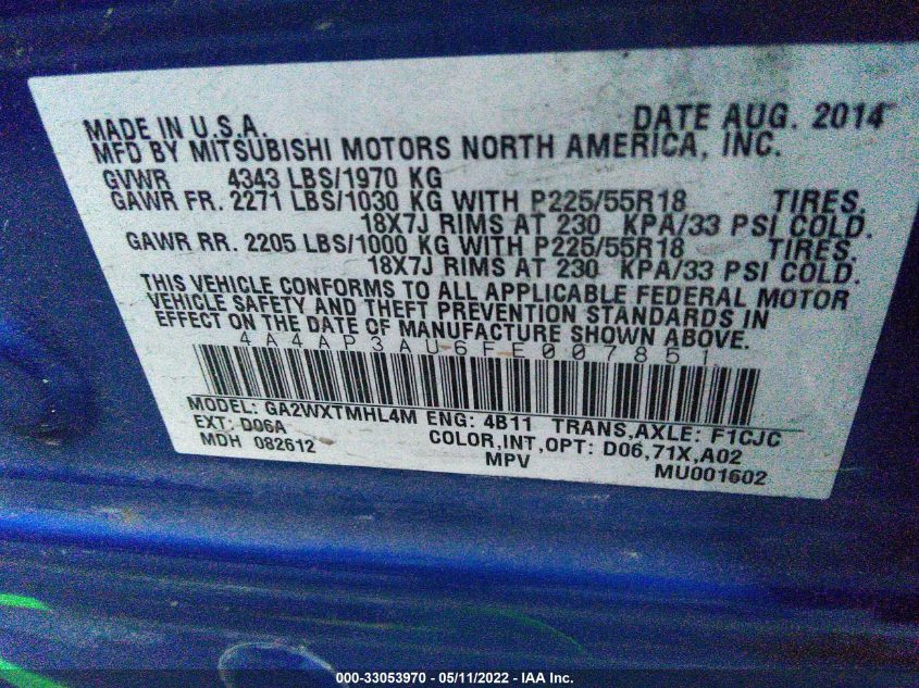 2015 MITSUBISHI OUTLANDER SPORT ES 4A4AP3AU6FE007851