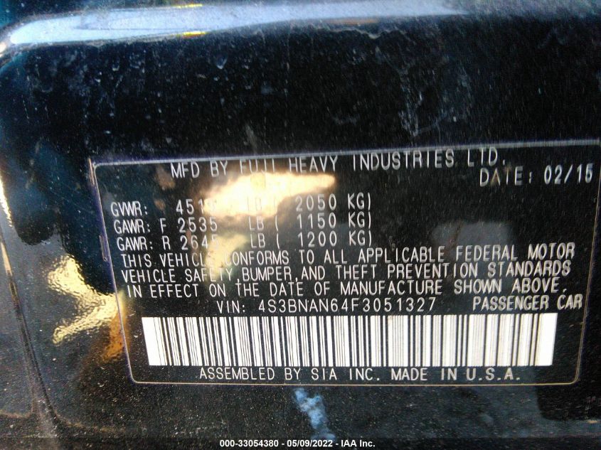 2015 SUBARU LEGACY 2.5I LIMITED 4S3BNAN64F3051327