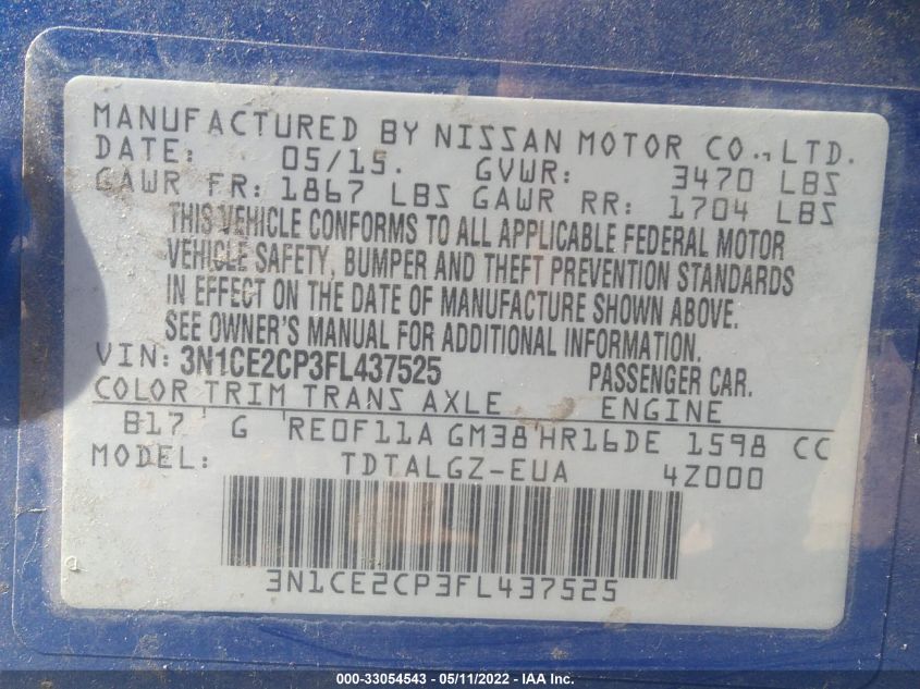 2015 NISSAN VERSA NOTE SR 3N1CE2CP3FL437525