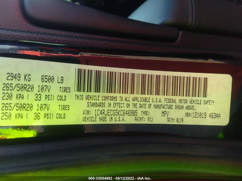 2019 JEEP GRAND CHEROKEE HIGH ALTITUDE 1C4RJECG5KC646985