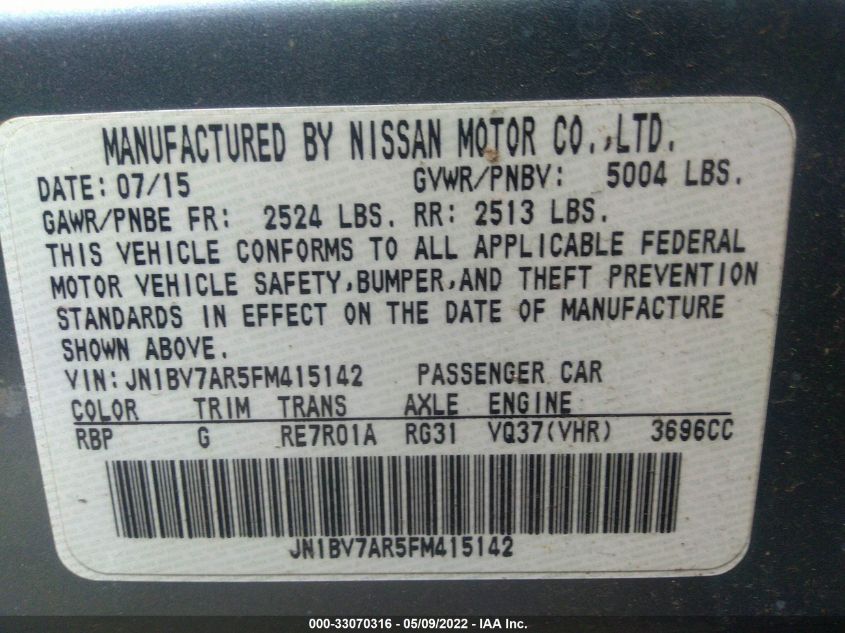 2015 INFINITI Q50 PREMIUM JN1BV7AR5FM415142