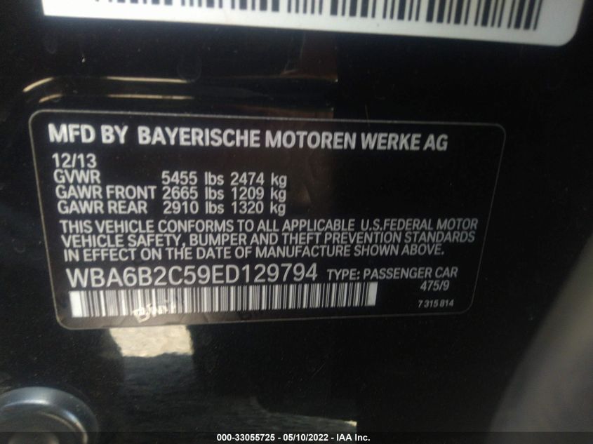 2014 BMW 6 SERIES I/GRAN COUPE WBA6B2C59ED129794