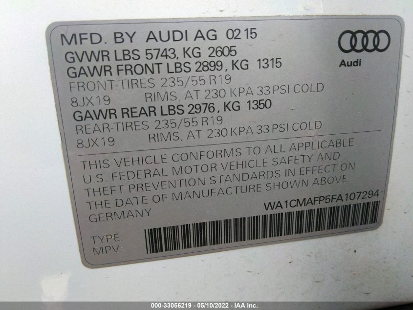 2015 AUDI Q5 PREMIUM PLUS WA1CMAFP5FA107294