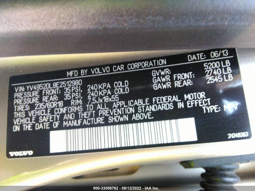 2014 VOLVO XC60 3.2L YV4952DL8E2512980