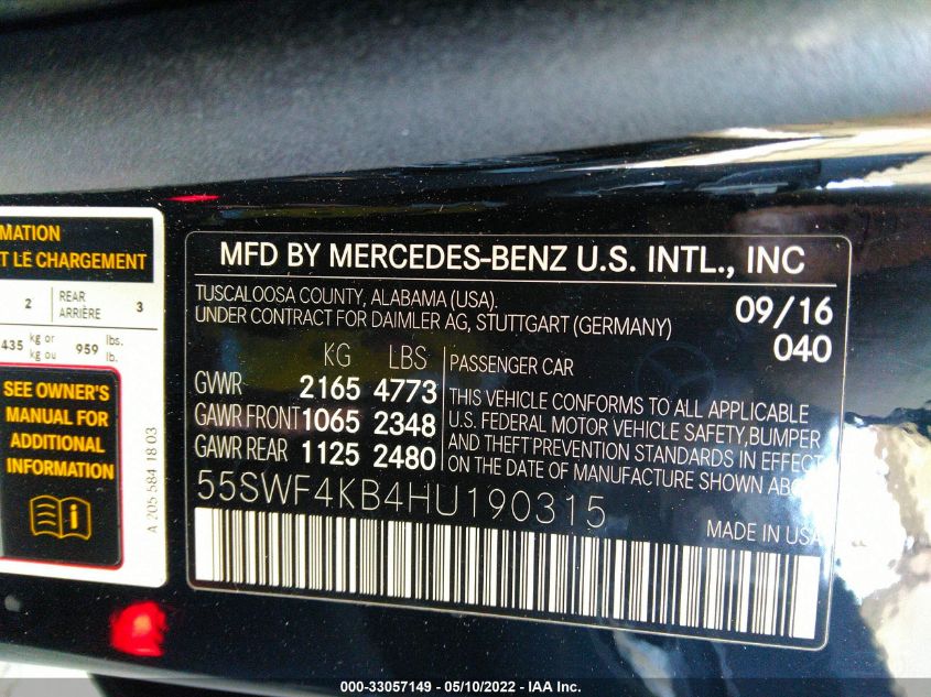 2017 MERCEDES-BENZ C-CLASS C 300 55SWF4KB4HU190315